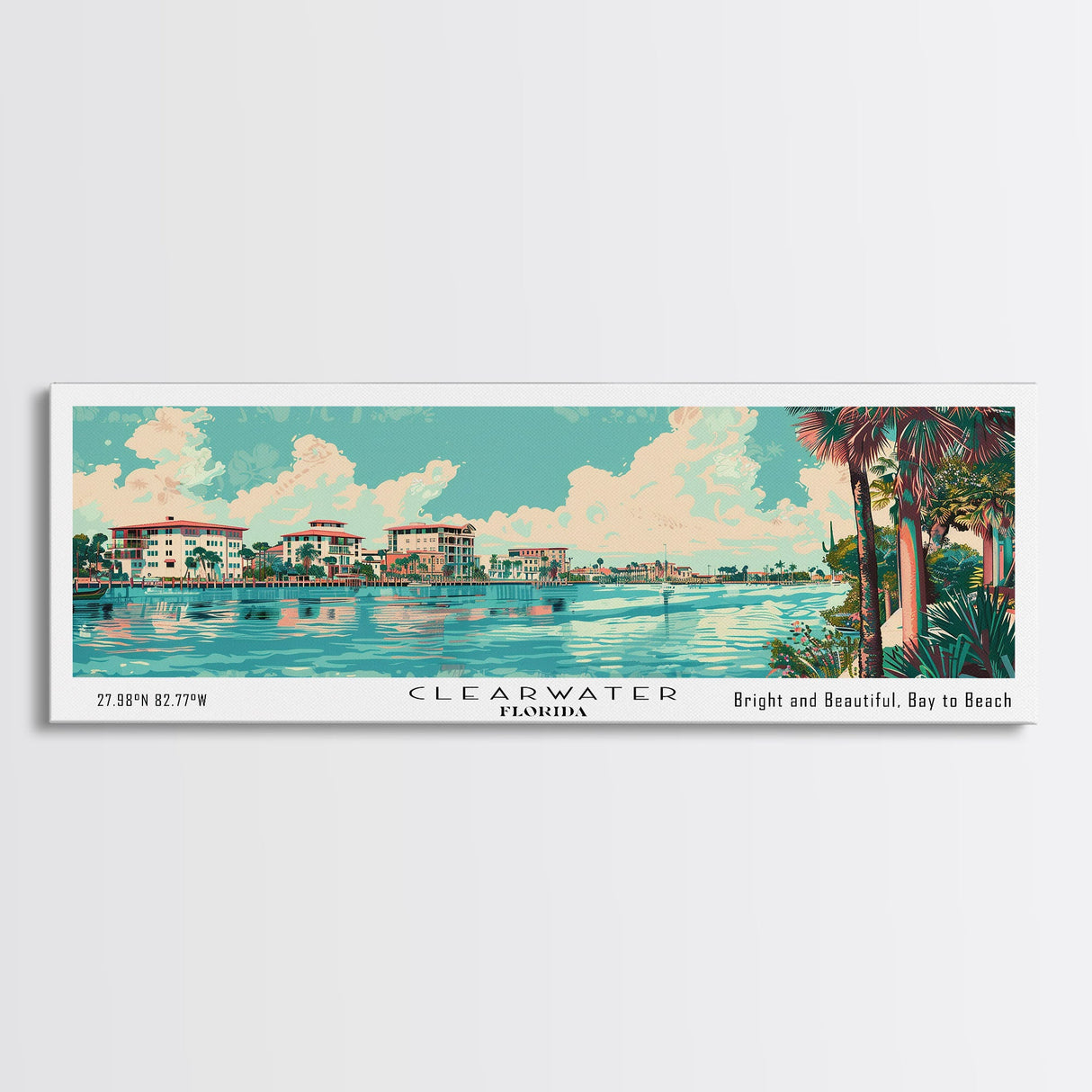 Clearwater Florida Panoramic Painting, Mid Century Modern Framed Canvas Print, Retro Pop Art Travel Poster, Home Decor, City Art