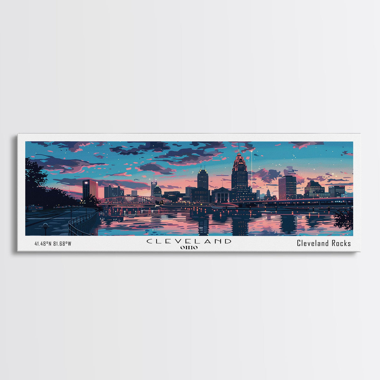 Cleveland Ohio Panoramic Painting, Mid Century Modern Framed Canvas Print, Retro Pop Art Travel Poster, City Wall Art, Office Decor