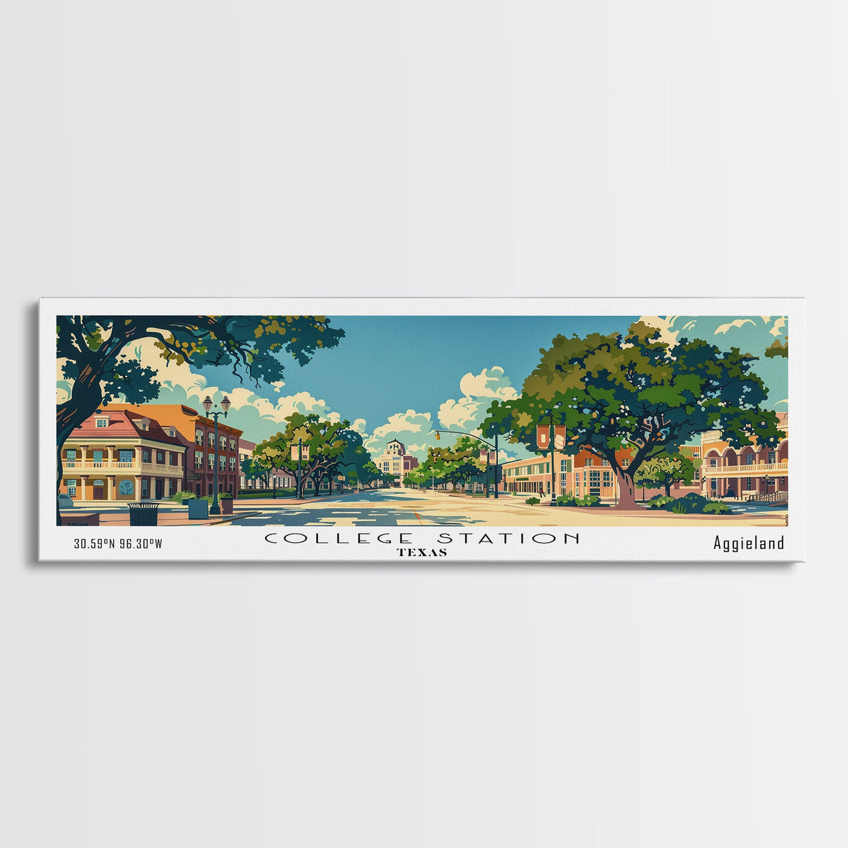 College Station Texas Panoramic Painting, Mid Century Modern Framed Canvas Print, Retro Pop Art Travel Poster, Living Room Art, Home Decor