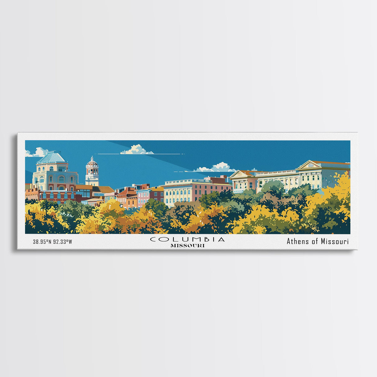 Columbia Missouri Panoramic Wall Art, Mid Century Modern Framed Canvas Print, Retro Pop Art Travel Poster, City Home Decor, Office Wall Art