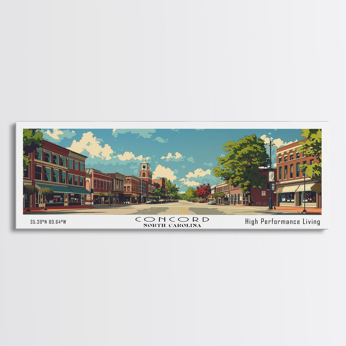 Concord North Carolina Panoramic Wall Art, Mid Century Modern Framed Canvas Print, Retro Pop Art Travel Poster, City Office Art, Home Decor