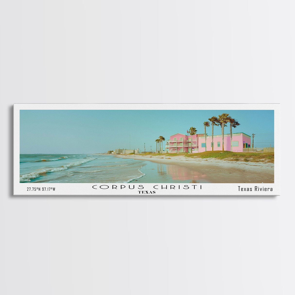 Corpus Christi Texas Panoramic Painting, Mid Century Modern Framed Canvas Print, Retro Pop Art Travel Poster, City Home Decor, Office Wall Art