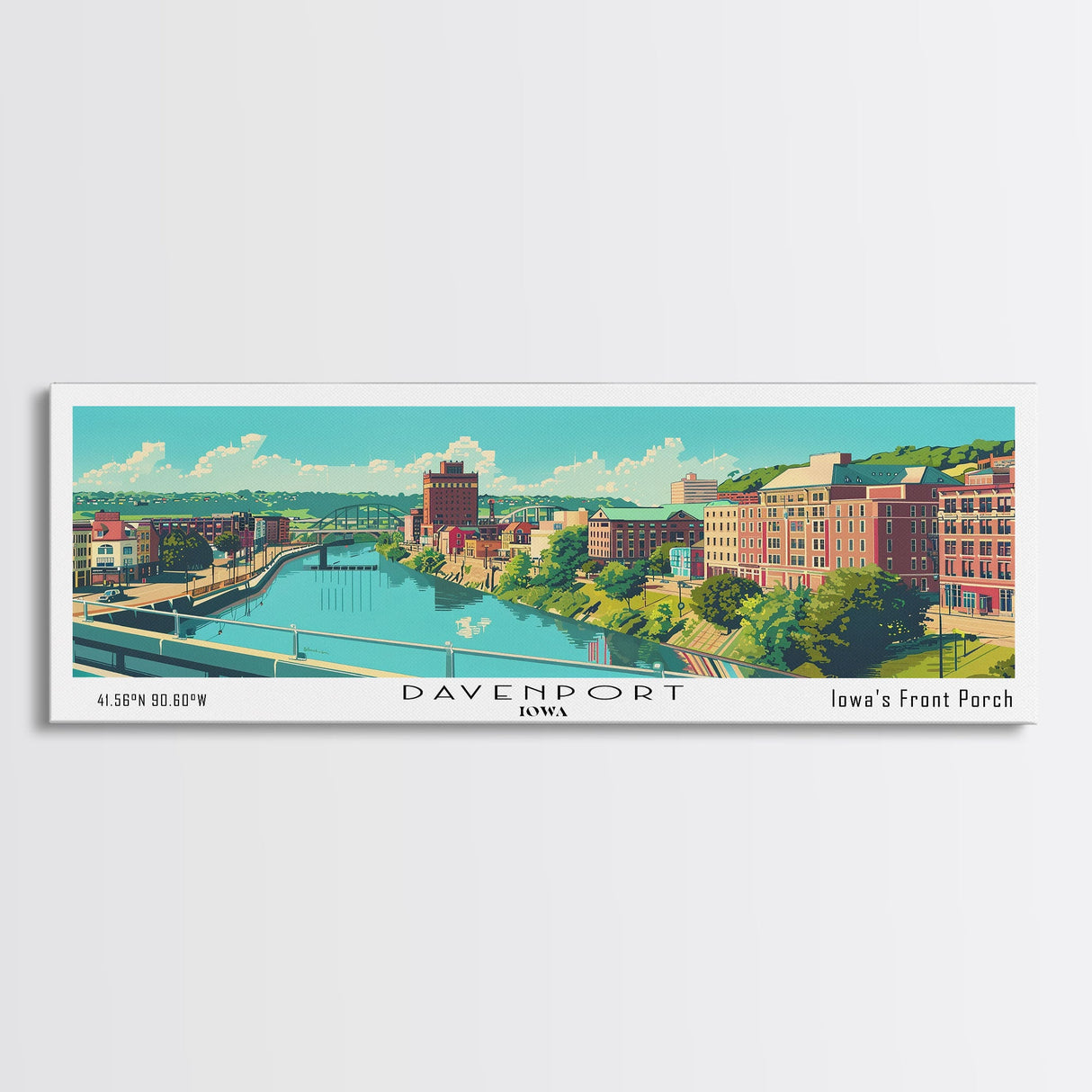 Davenport Iowa Panoramic Wall Art, Mid Century Modern Framed Canvas Print, Retro Pop Art Travel Poster, City Art Gift, Home Decor