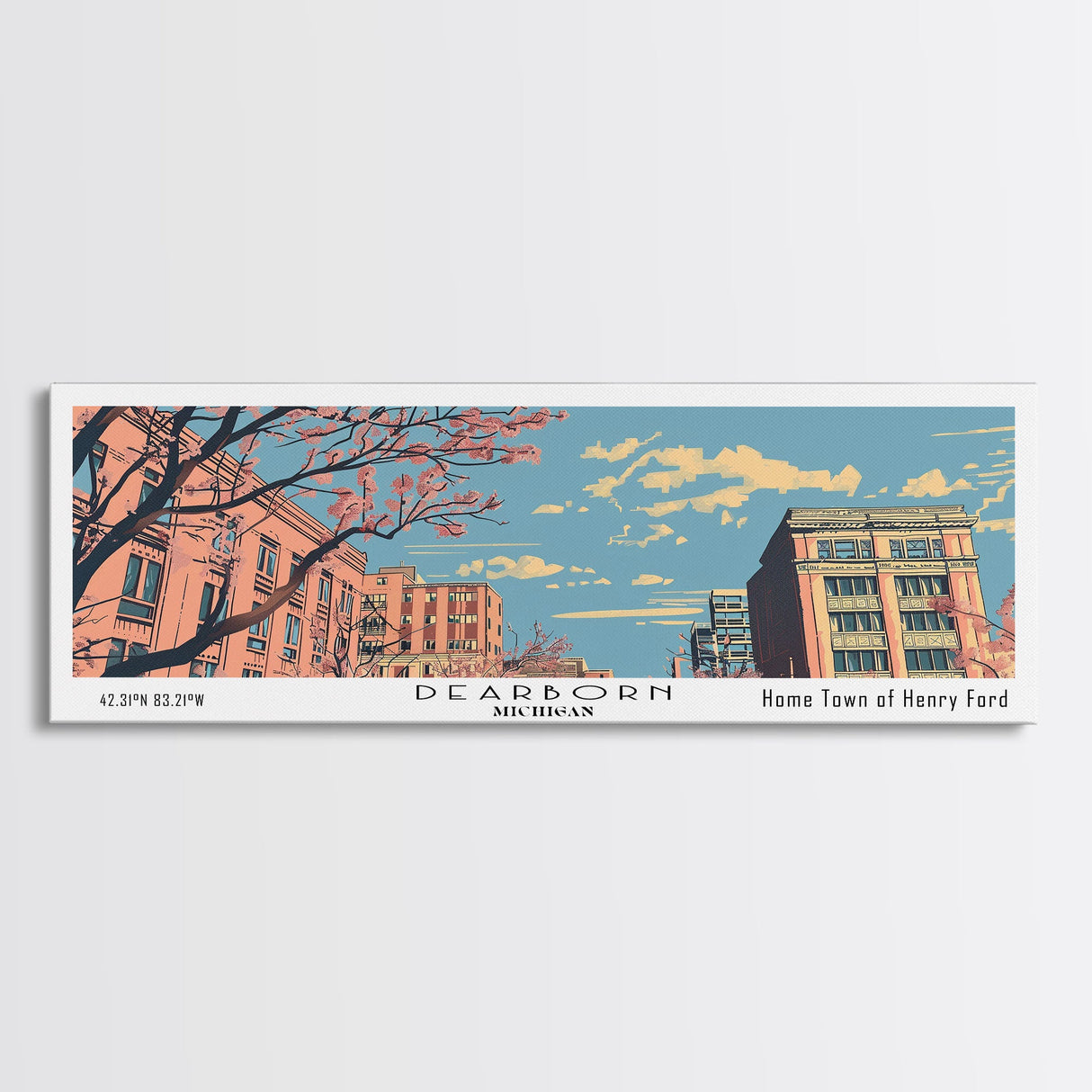 Dearborn Michigan Panoramic Painting, Mid Century Modern Framed Canvas Print, Retro Pop Art Travel Poster, City Wall Decor, Office Wall Art