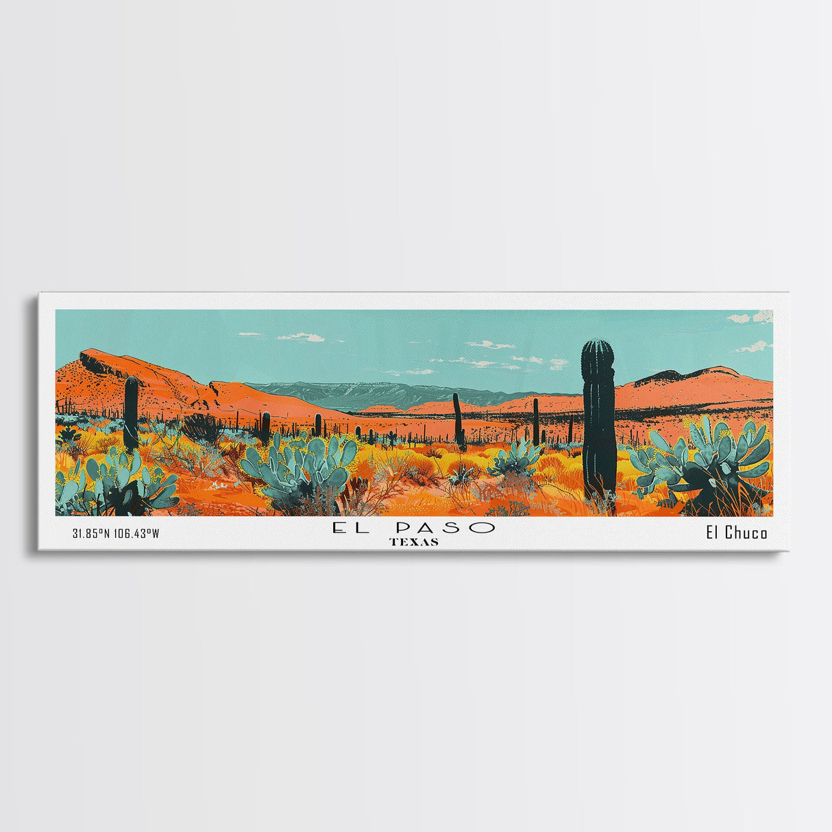 El Paso Texas Panoramic Painting, Mid Century Modern Framed Canvas Print, Retro Pop Art Travel Poster, Living Room Wall Decor