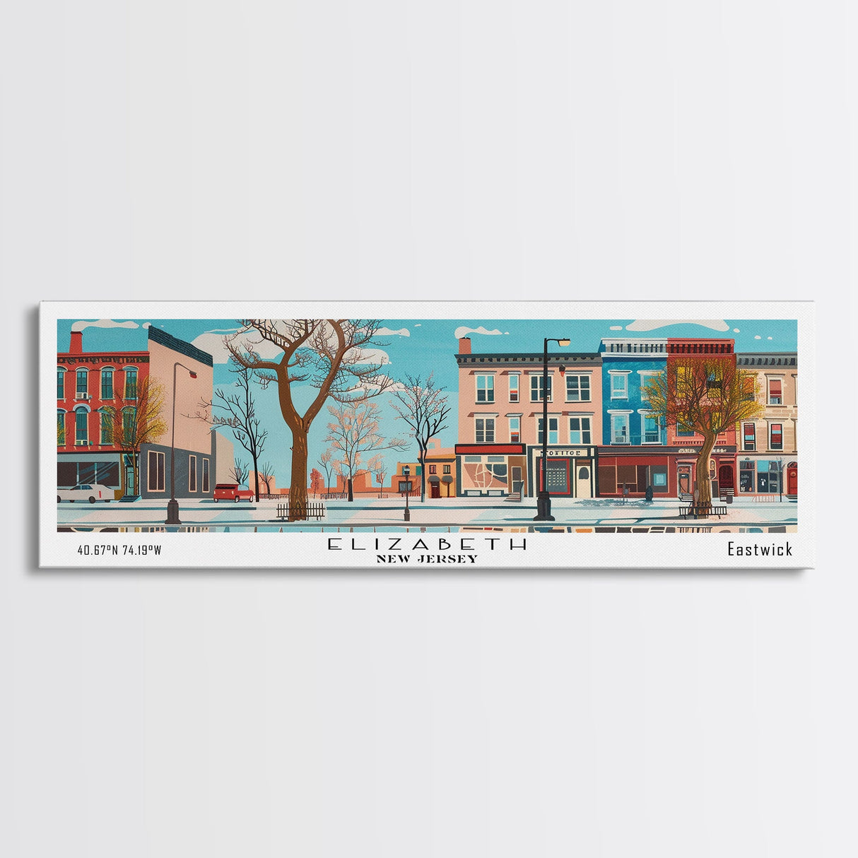 Elizabeth New Jersey Panoramic Wall Art, Mid Century Modern Framed Canvas Print, Retro Pop Art Travel Poster, City Home Decor, Office Art