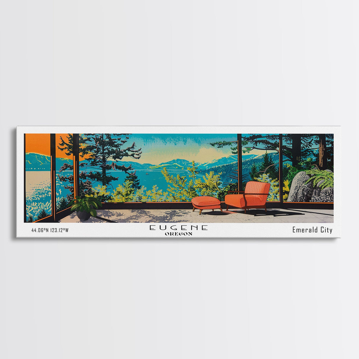 Eugene Oregon Panoramic Art, Mid Century Modern Framed Canvas Print, Retro Pop Art Travel Poster, Office Wall Decor