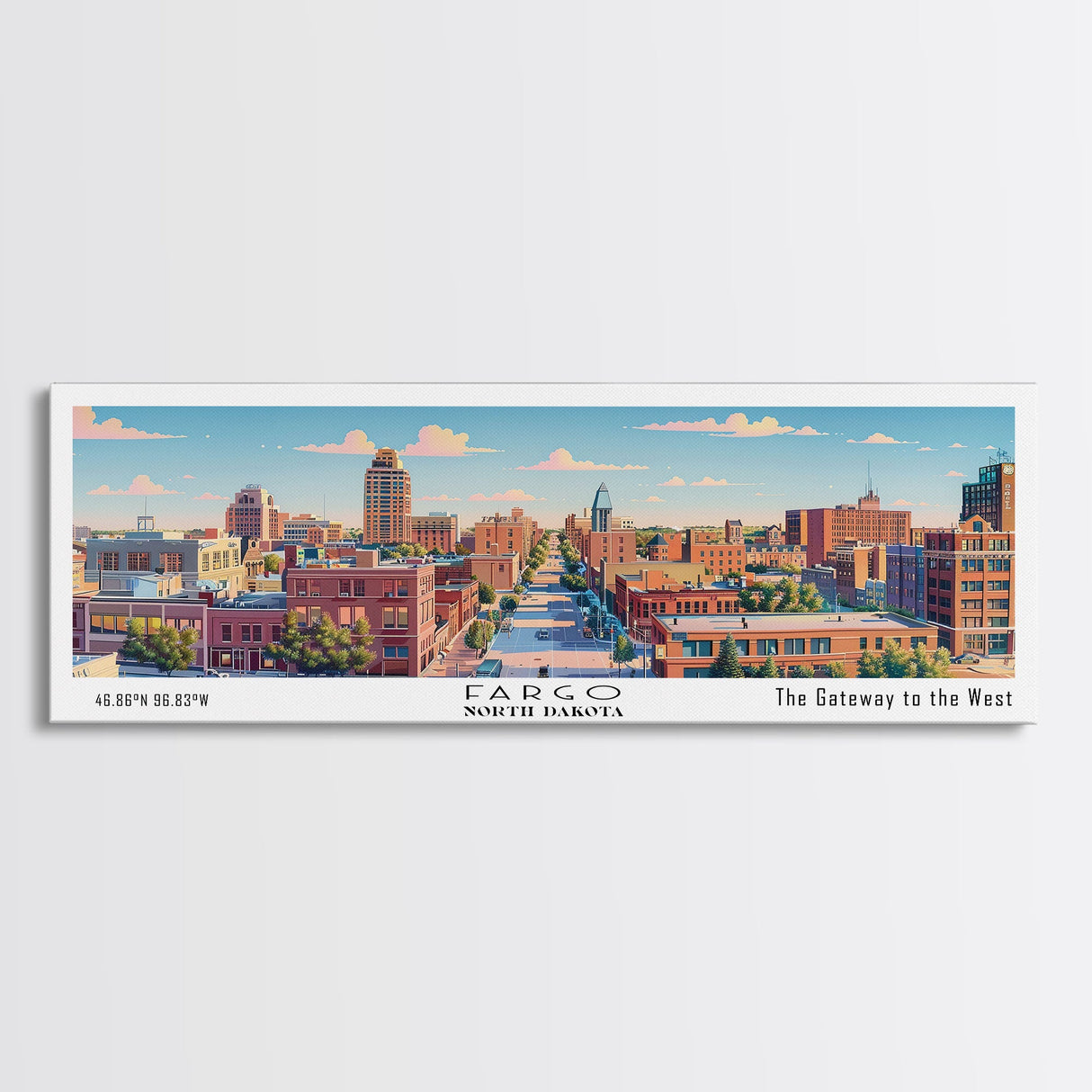 Fargo North Dakota Panoramic Painting, Mid Century Modern Framed Canvas Print, Retro Pop Art Travel Poster, City Wall Art