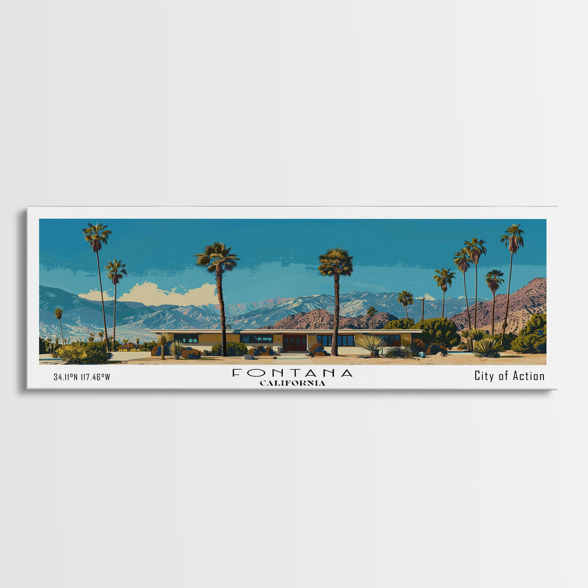 Fontana California Panoramic Painting, Mid Century Modern Framed Canvas Print, Retro Pop Art Travel Poster, Living Room Wall Art