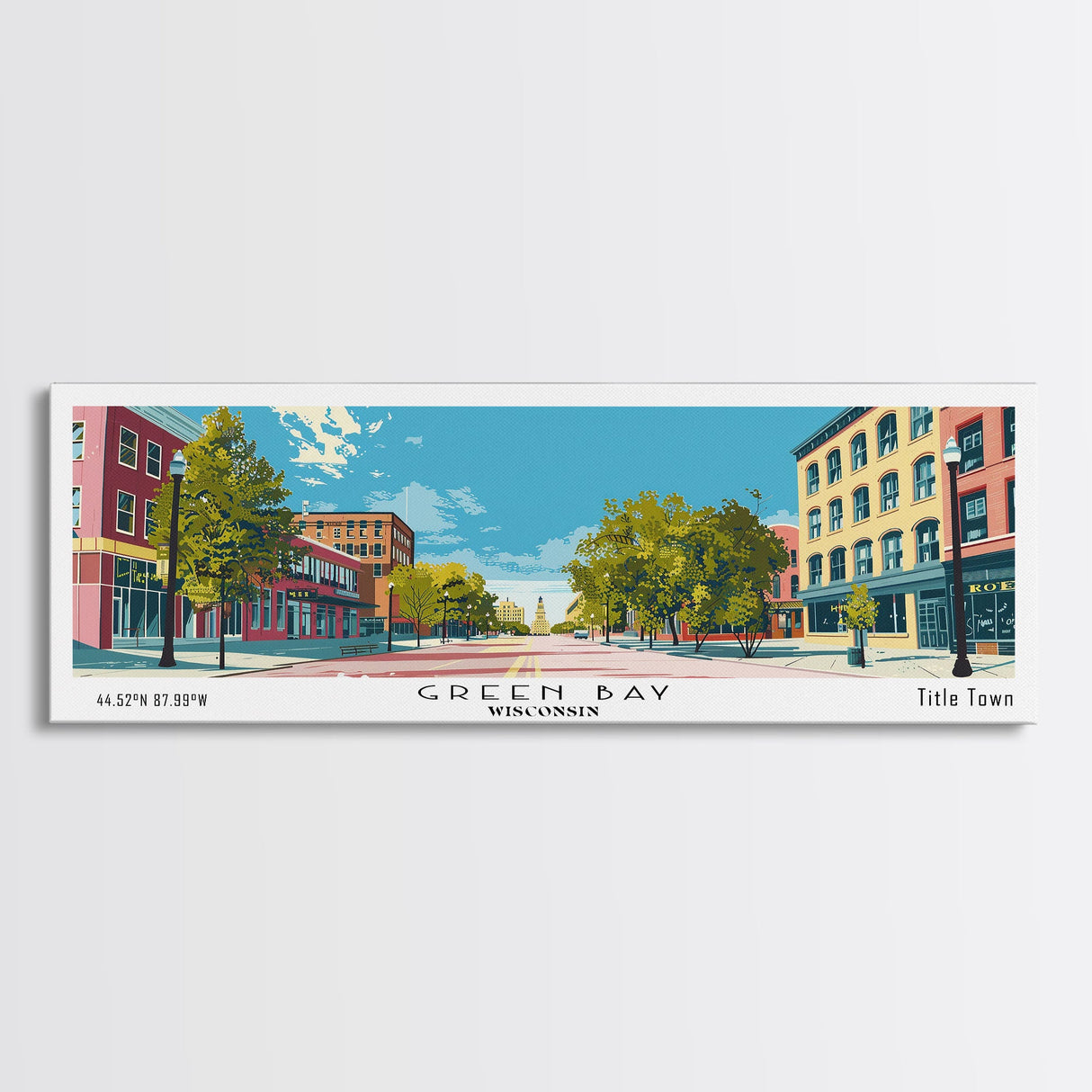 Green Bay Wisconsin Panoramic Art, Mid Century Modern Framed Canvas Print, Retro Pop Art Travel Poster, City Wall Art