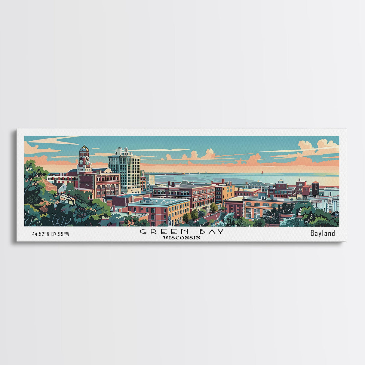 Green Bay Wisconsin Panoramic Art, Mid Century Modern Framed Canvas Print, Retro Pop Art Travel Poster, City Wall Art