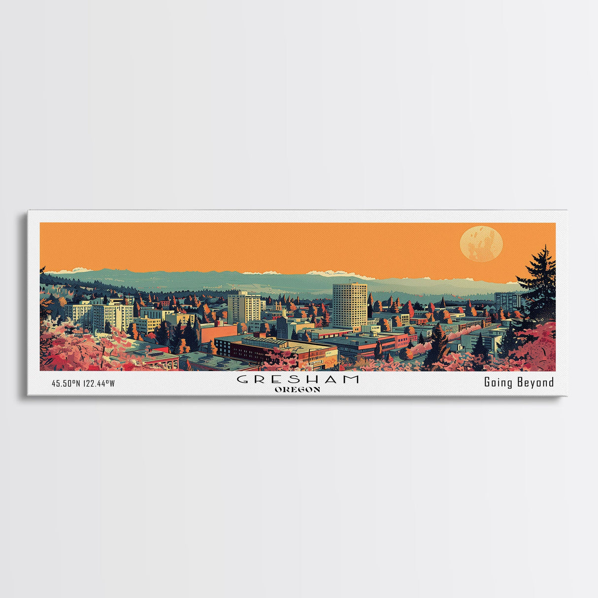 Gresham Oregon Panoramic Art, Mid Century Modern Framed Canvas Print, Retro Pop Art Travel Poster, Office Wall Decor