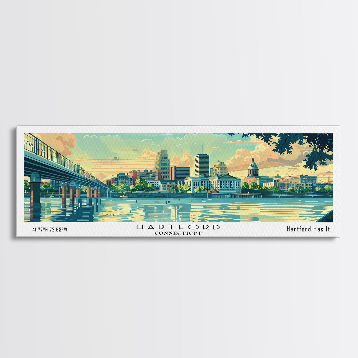 Hartford Connecticut Panoramic Painting, Mid Century Modern Framed Canvas Print, Retro Pop Art Travel Poster, Home Wall Decor