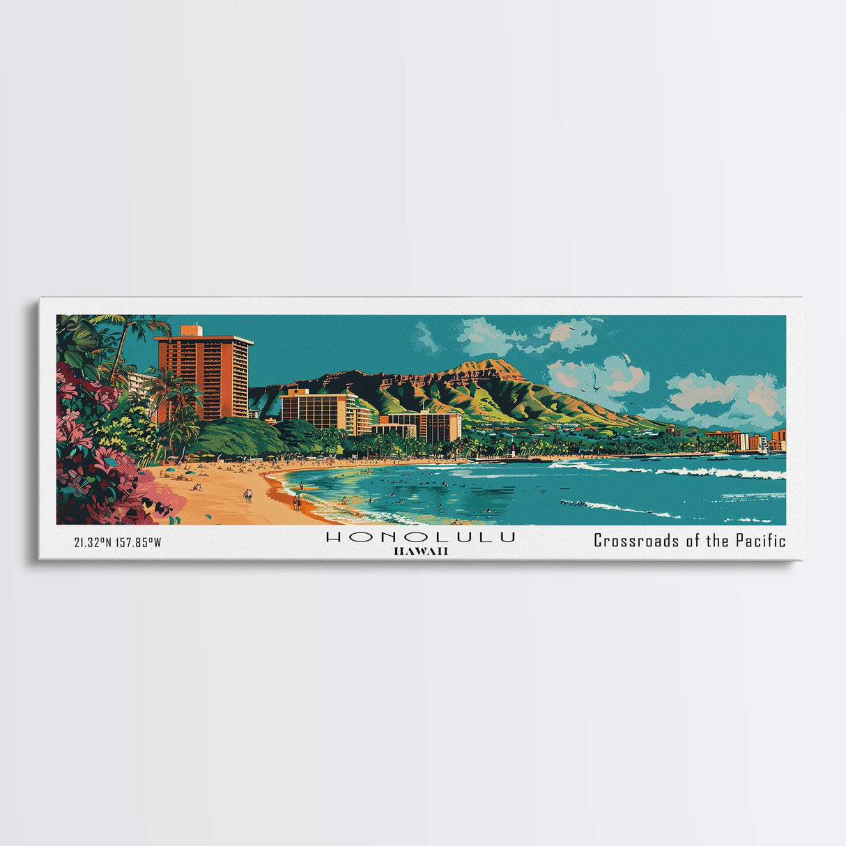 Honolulu Hawaii Panoramic Painting, Mid Century Modern Framed Canvas Print, Retro Pop Art Travel Poster, Home Wall Decor