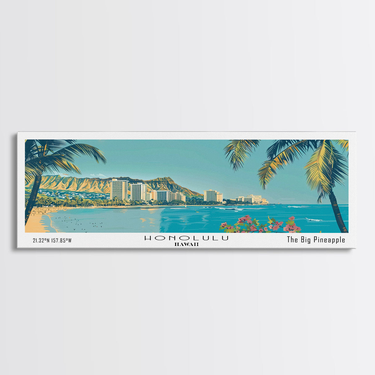 Honolulu Hawaii Panoramic Painting, Mid Century Modern Framed Canvas Print, Retro Pop Art Travel Poster, Home Wall Decor