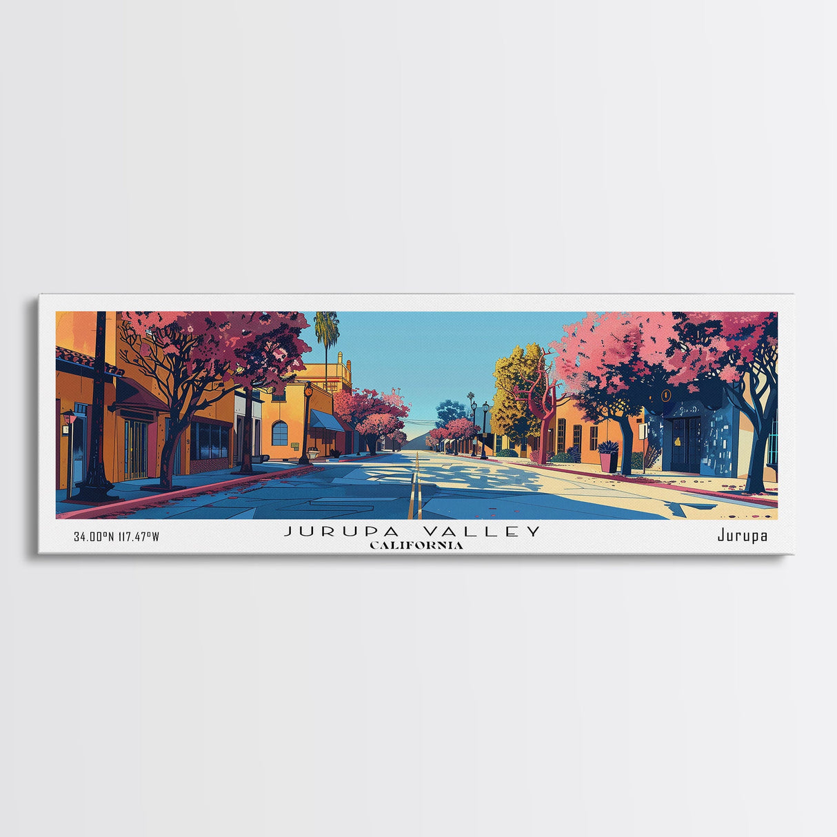 Jurupa Valley California Panoramic Painting, Mid Century Modern Framed Canvas Print, Retro Pop Art Travel Poster, Home Decor