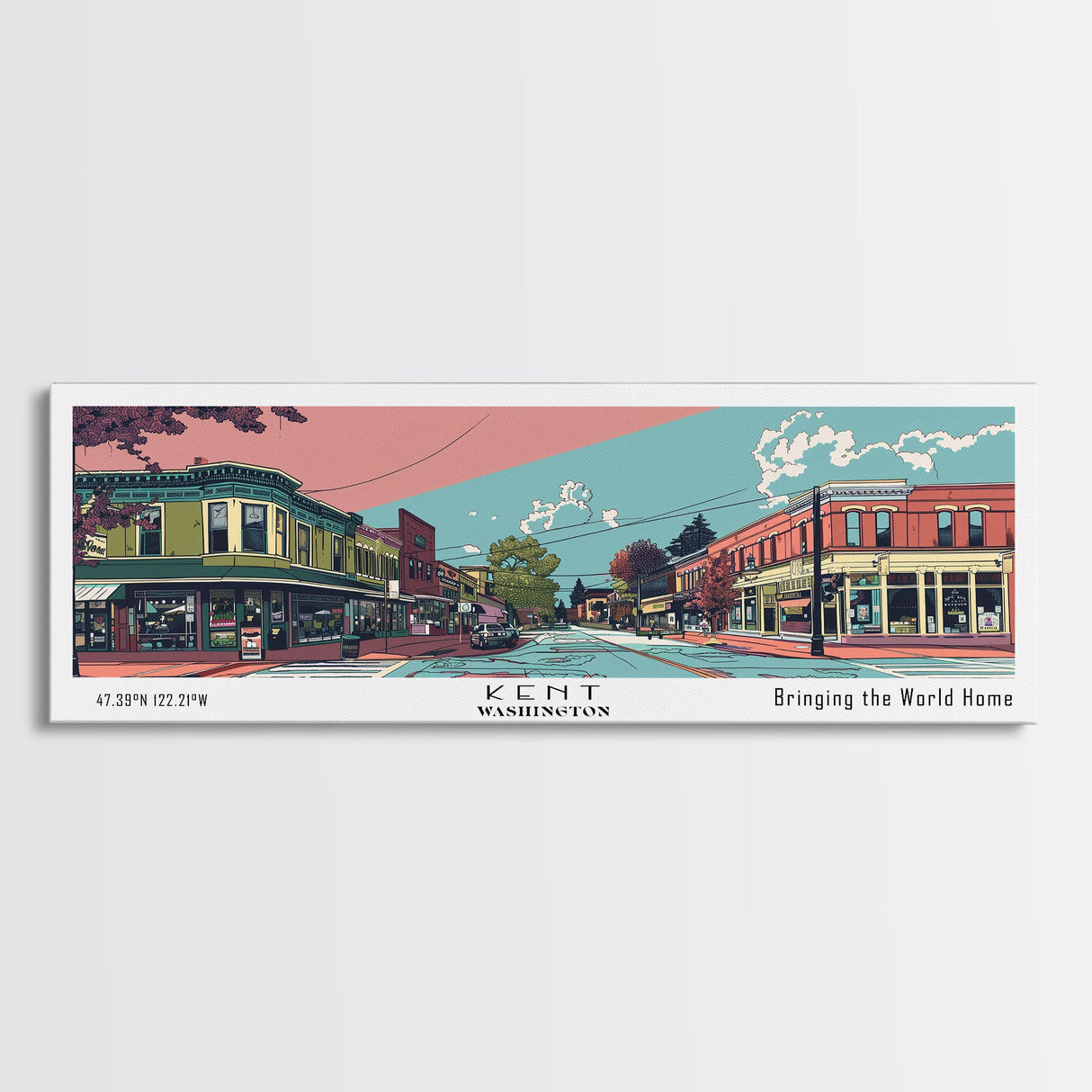 Kent Washington Panoramic Wall Art, Mid Century Modern Framed Canvas Print, Retro Pop Art Travel Poster, Home Wall Art