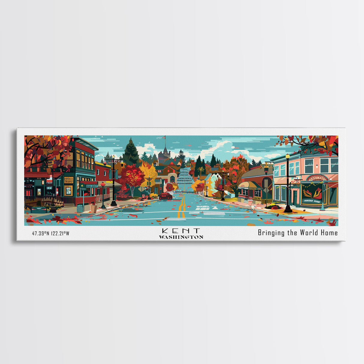 Kent Washington Panoramic Wall Art, Mid Century Modern Framed Canvas Print, Retro Pop Art Travel Poster, Home Wall Art