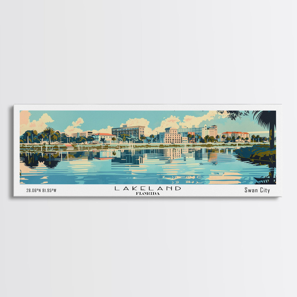 Lakeland Florida Panoramic Painting, Mid Century Modern Framed Canvas Print, Retro Pop Art Travel Poster, Home Wall Decor