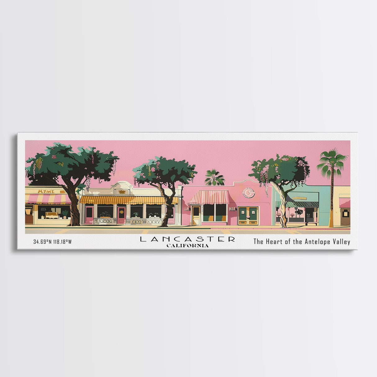 Lancaster California Panoramic Painting, Mid Century Modern Framed Canvas Print, Retro Pop Art Travel Poster, Home Decor