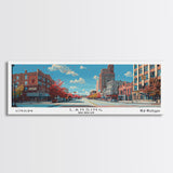 Lansing Michigan Panoramic Wall Art, Mid Century Modern Framed Canvas Print, Retro Pop Art Travel Poster, Living Room Decor