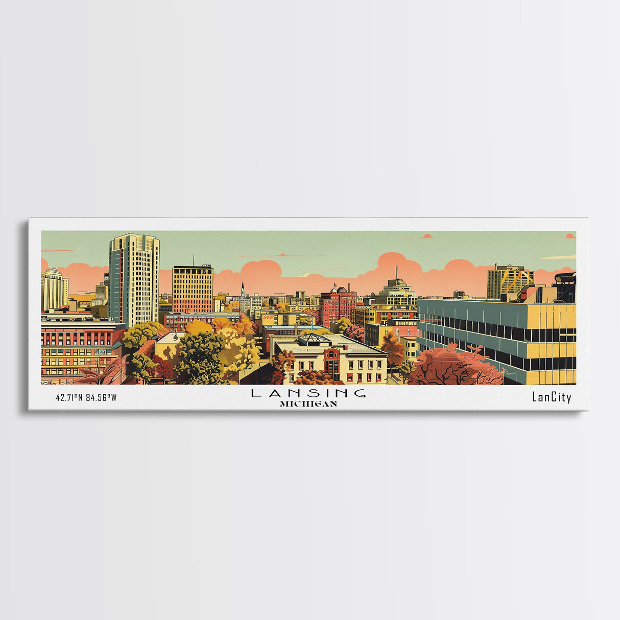 Lansing Michigan Panoramic Wall Art, Mid Century Modern Framed Canvas Print, Retro Pop Art Travel Poster, Living Room Decor