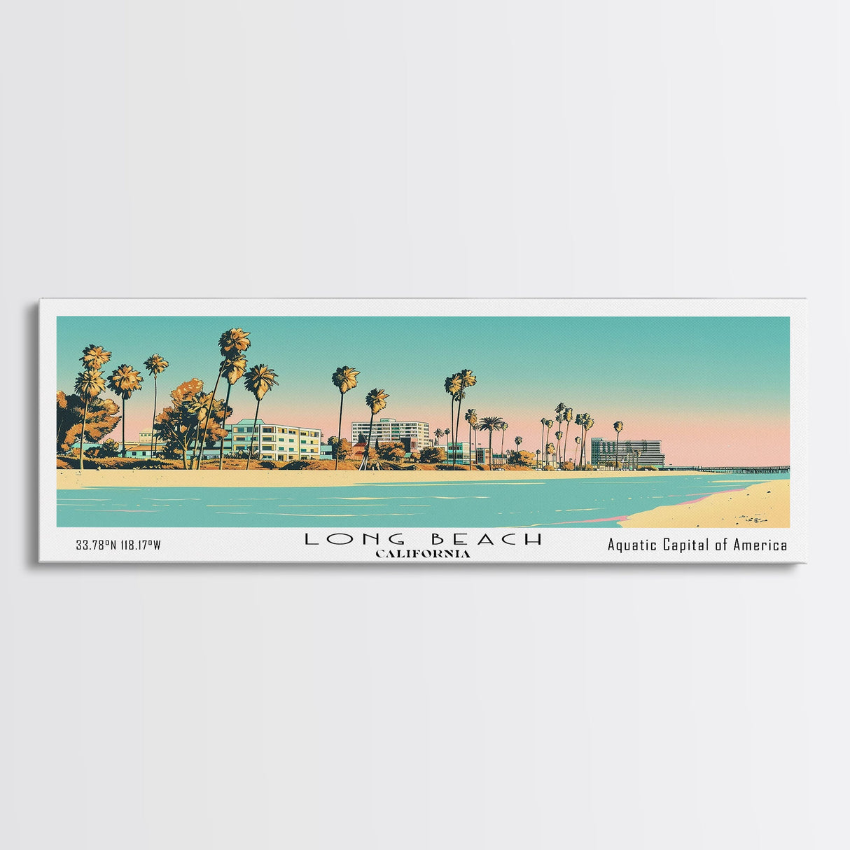 Long Beach California Panoramic Painting, Mid Century Modern Framed Canvas Print, Retro Pop Art Travel Poster, Office Decor