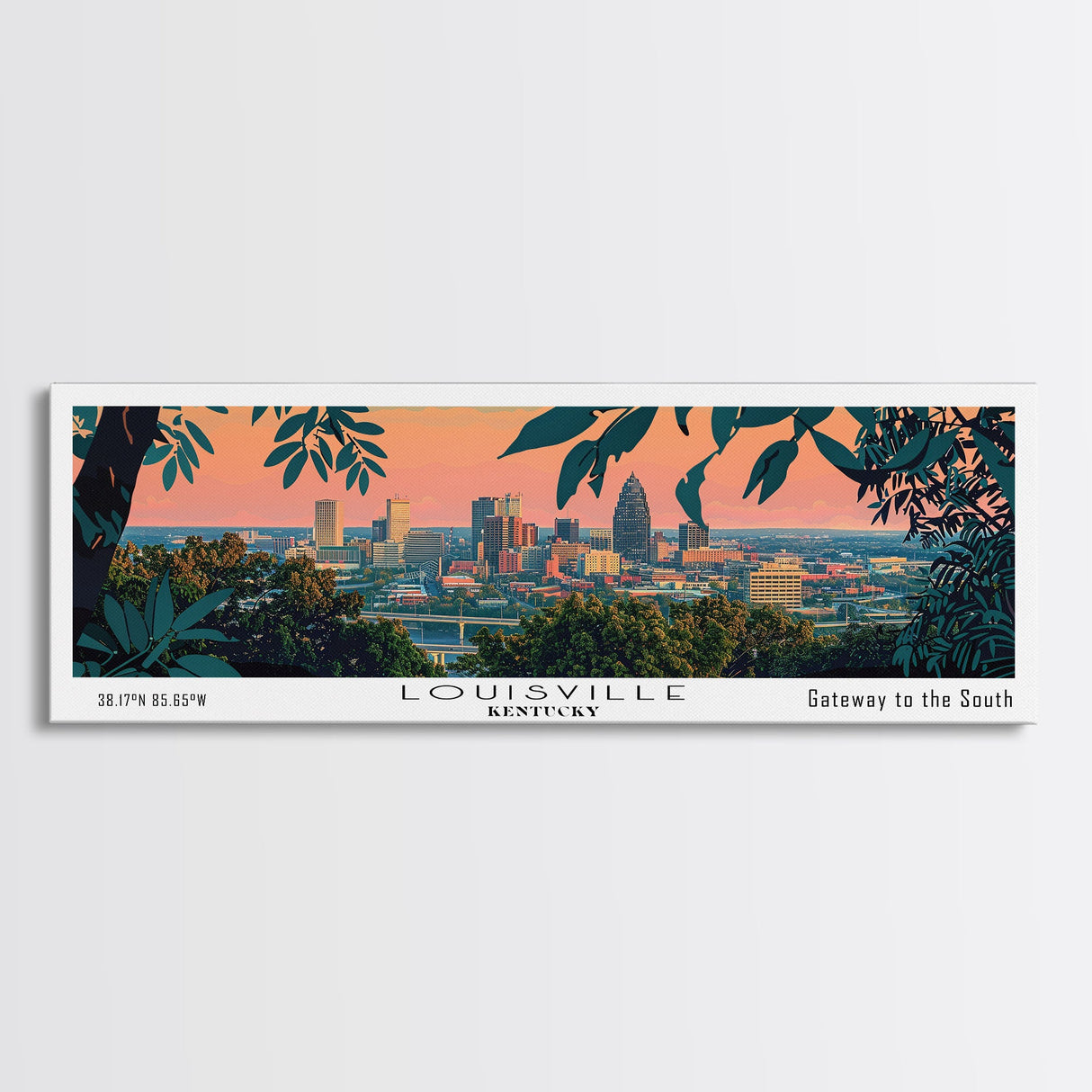 Louisville Kentucky Panoramic Painting, Mid Century Modern Framed Canvas Print, Retro Pop Art Travel Poster, Home Decor