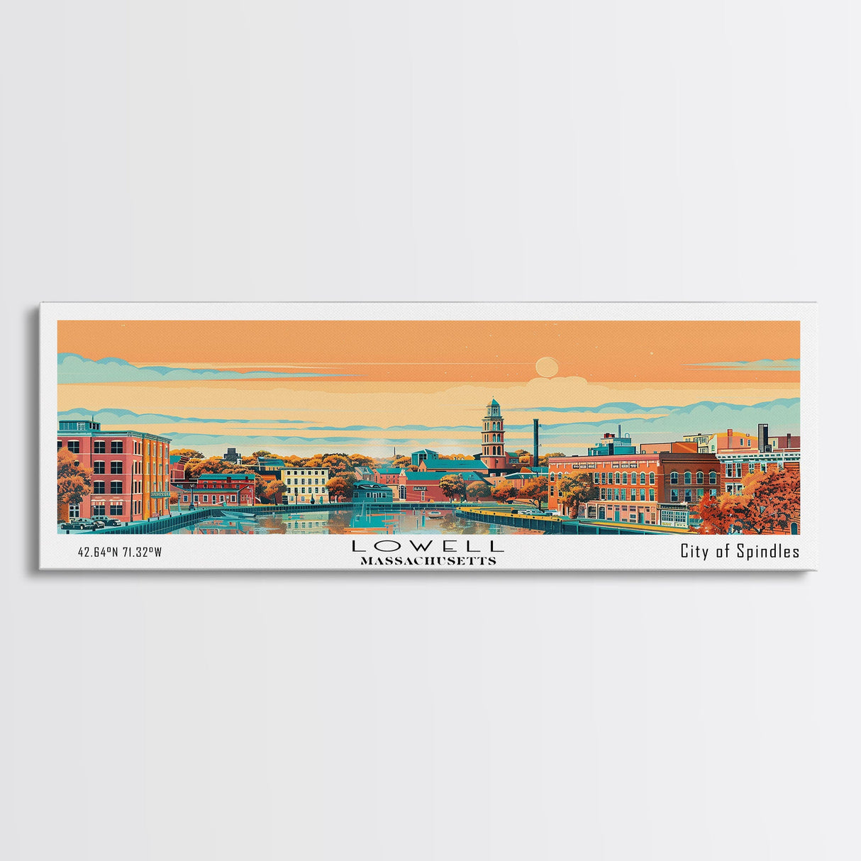 Lowell Mississippi Panoramic Painting, Mid Century Modern Framed Canvas Print, Retro Pop Art Travel Poster, Office Wall Art