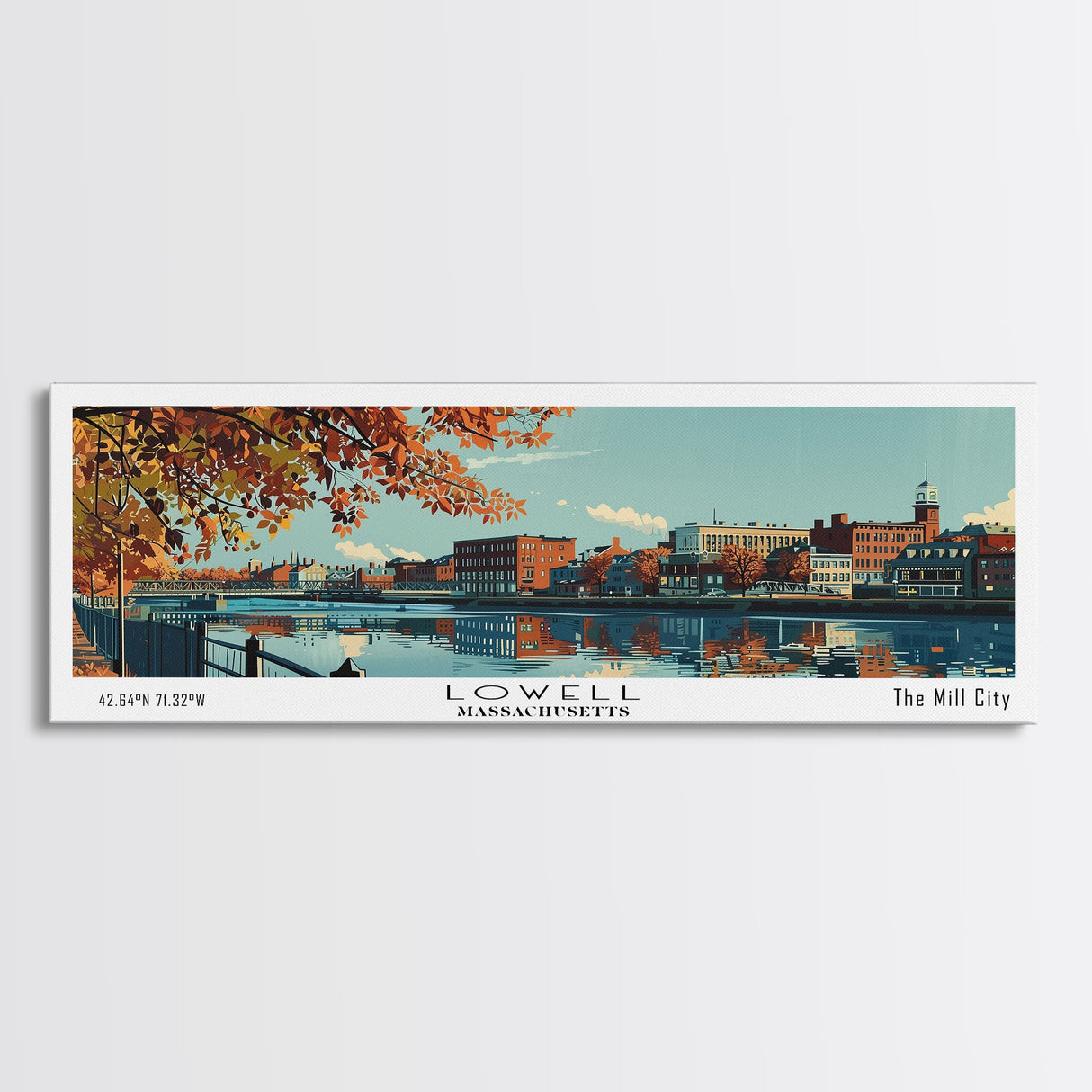 Lowell Mississippi Panoramic Painting, Mid Century Modern Framed Canvas Print, Retro Pop Art Travel Poster, Office Wall Art