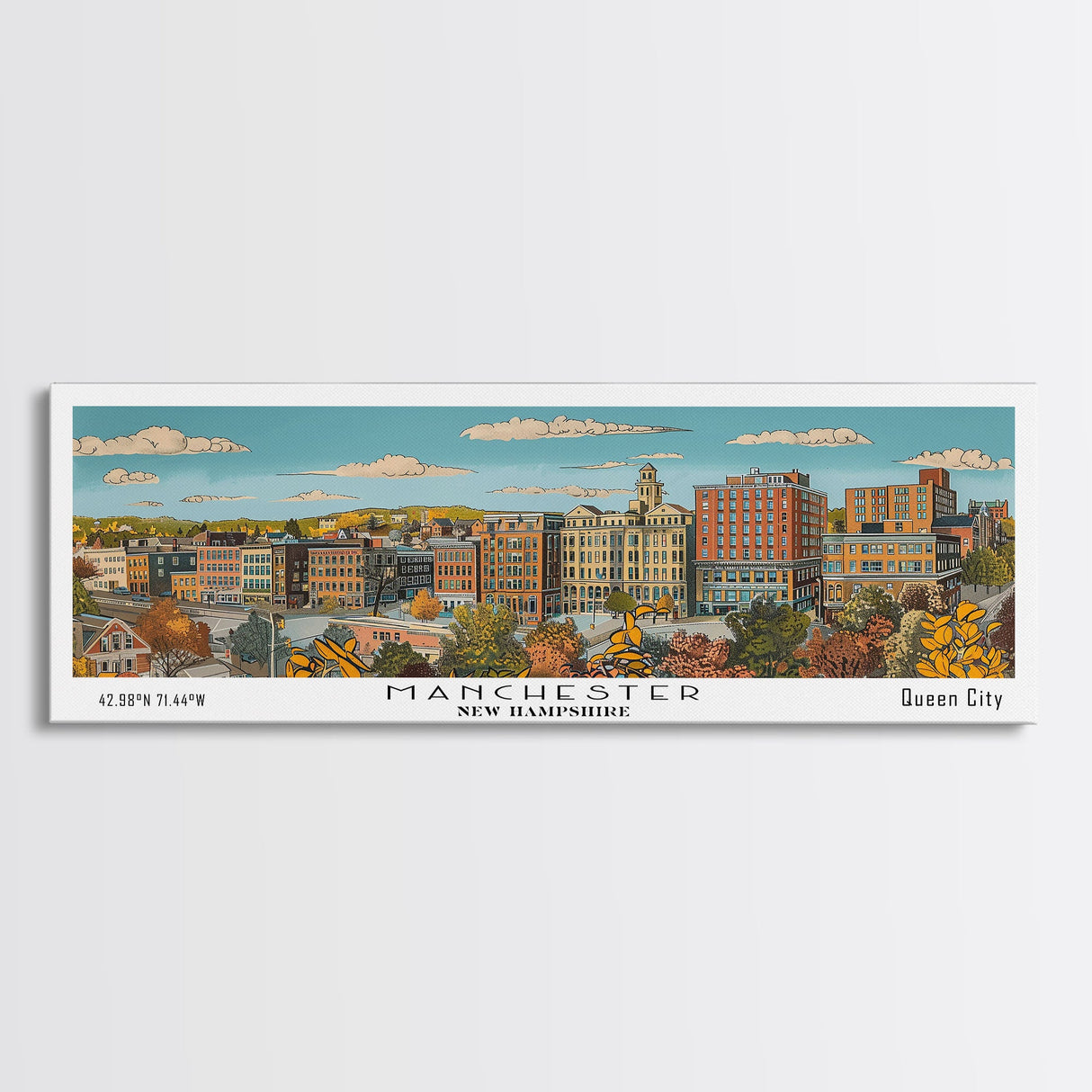 Manchester New Hampshire Panoramic Painting, Mid Century Modern Framed Canvas Print, Retro Pop Art Travel Poster, Living Room Decor