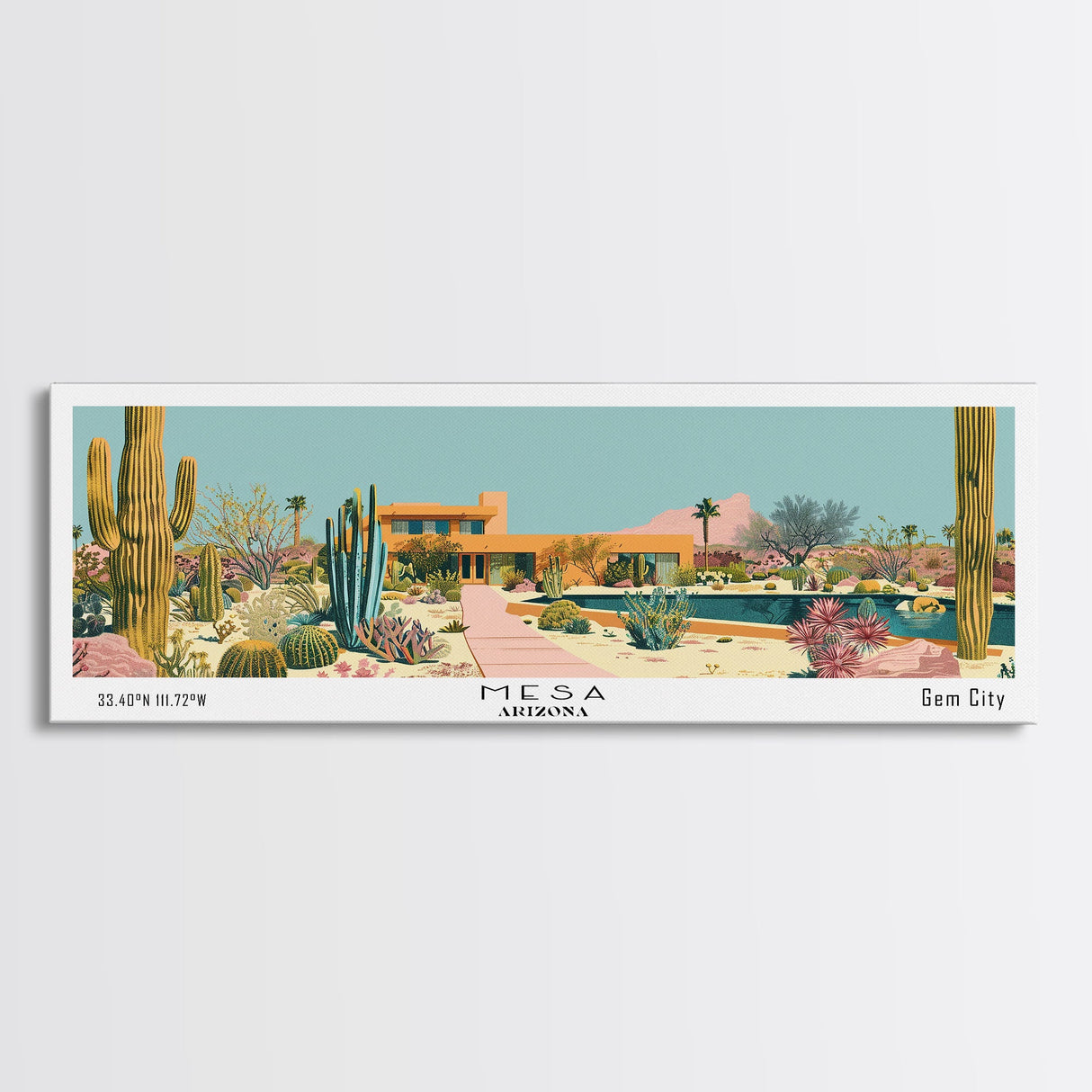 Mesa Arizona Panoramic Painting, Mid Century Modern Framed Canvas Print, Retro Pop Art Travel Poster, Office Wall Art