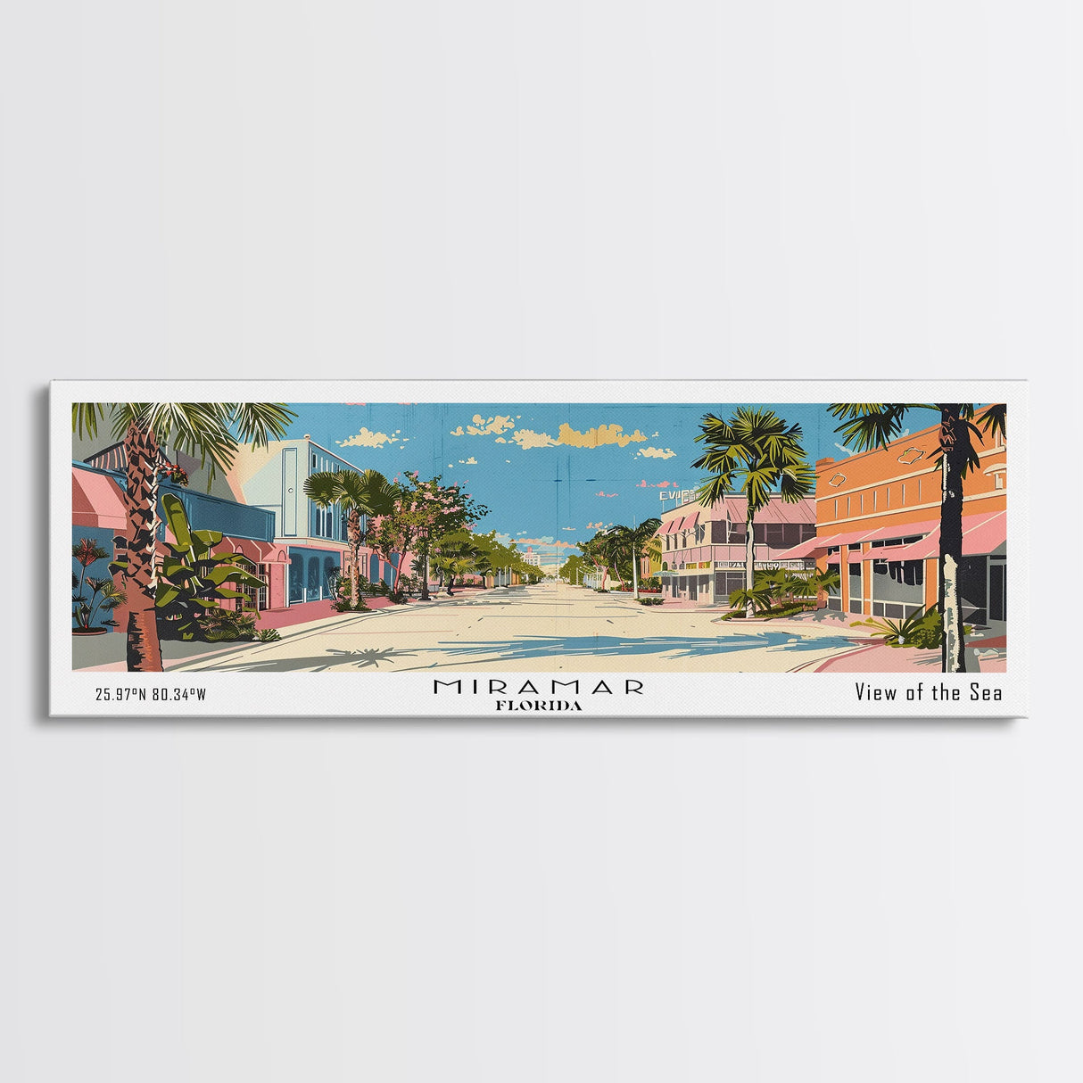 Miramar Florida Panoramic Painting, Mid Century Modern Framed Canvas Print, Retro Pop Art Travel Poster, Office Wall Art