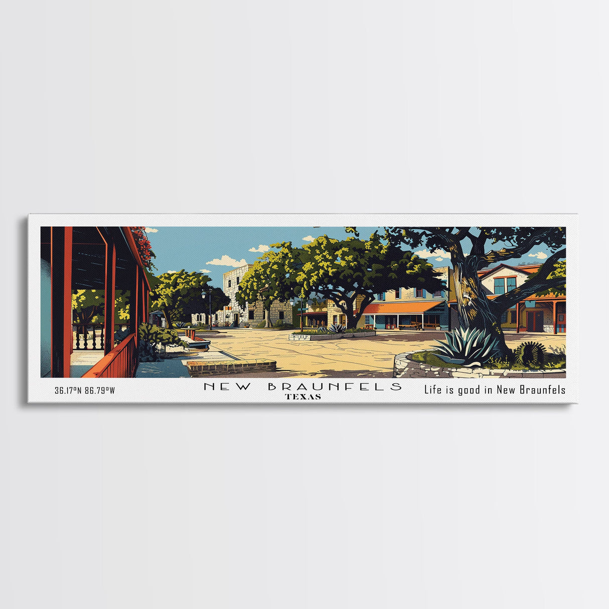 New Braunfels Texas Panoramic Painting, Mid Century Modern Framed Canvas Print, Retro Pop Art Travel Poster, Home Wall Art