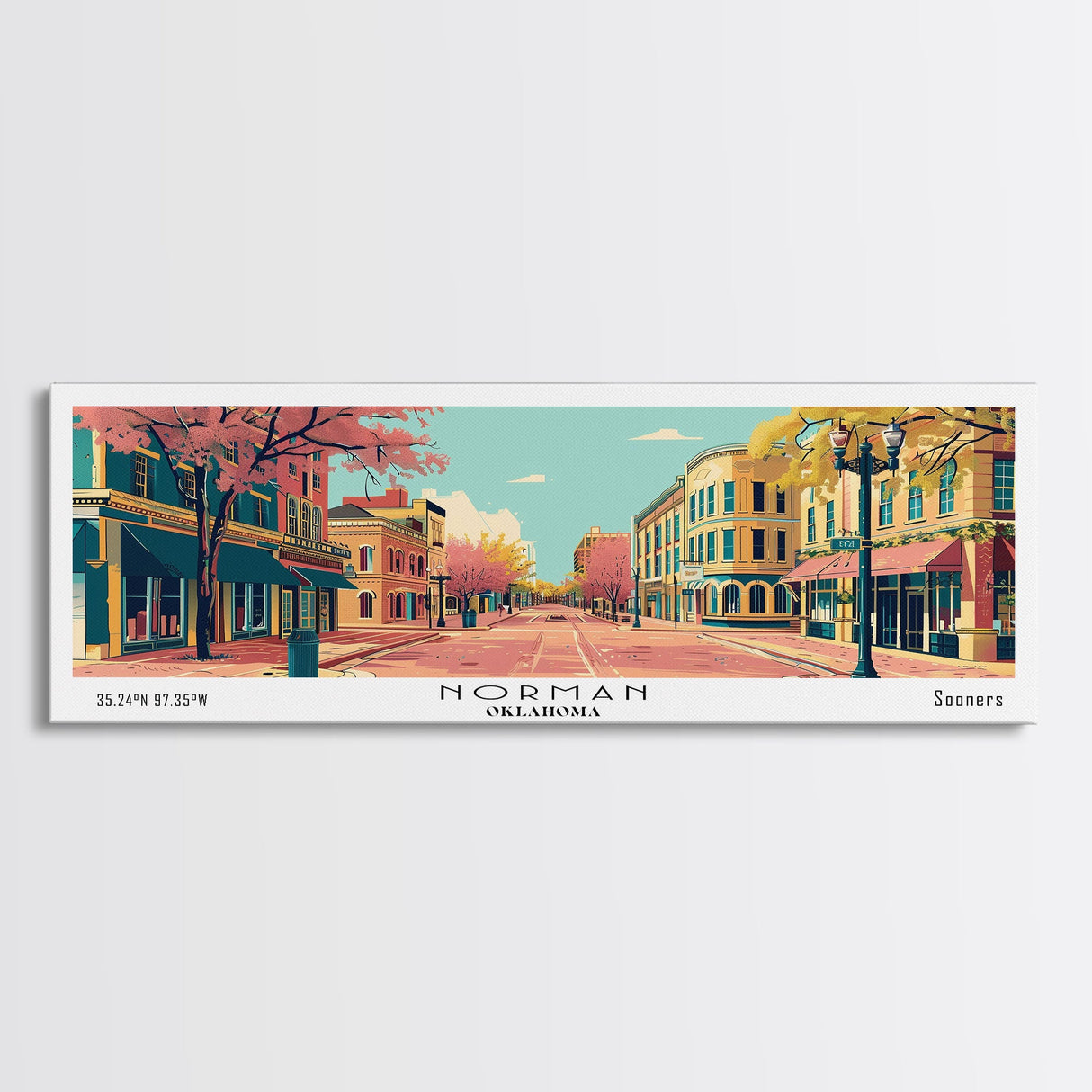 Norman Oklahoma Panoramic Wall Art, Mid Century Modern Framed Canvas Print, Retro Pop Art Travel Poster, City Art, Office Wall Decor, Living Room Art