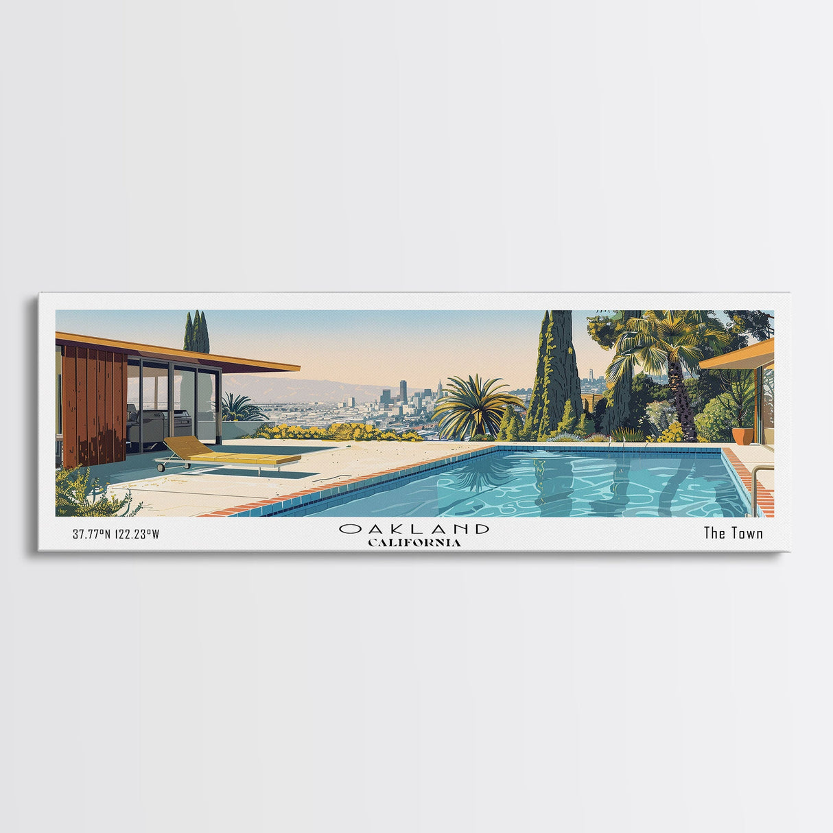 Oakland California Panoramic Painting, Mid Century Modern Framed Canvas Print, Retro Pop Art Travel Poster, City Art, Office Wall Decor, Living Room Art