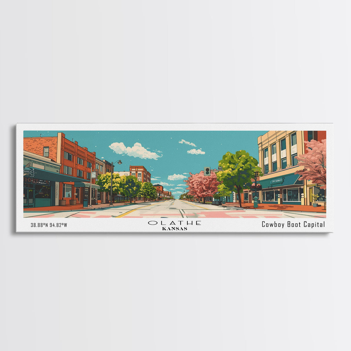 Olathe Kansas Panoramic Wall Art, Mid Century Modern Framed Canvas Print, Retro Pop Art Travel Poster, City Art, Office Wall Decor, Living Room Art