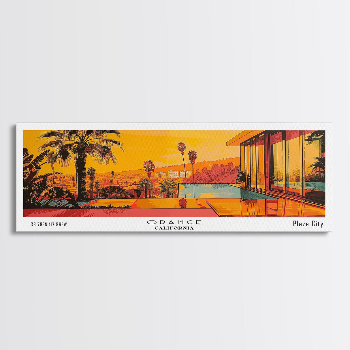 Orange California Panoramic Painting, Mid Century Modern Framed Canvas Print, Retro Pop Art Travel Poster, City Art, Office Wall Decor, Living Room Art