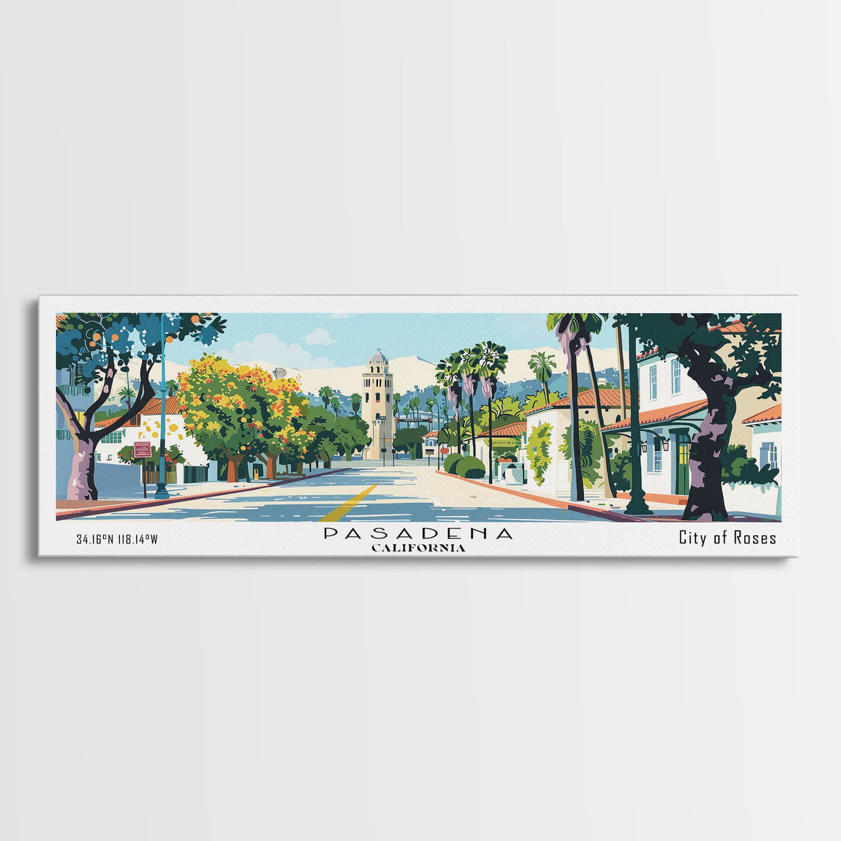 Pasadena California Panoramic Painting, Mid Century Modern Framed Canvas Print, Retro Pop Art Travel Poster, City Art, Office Wall Decor, Living Room Art