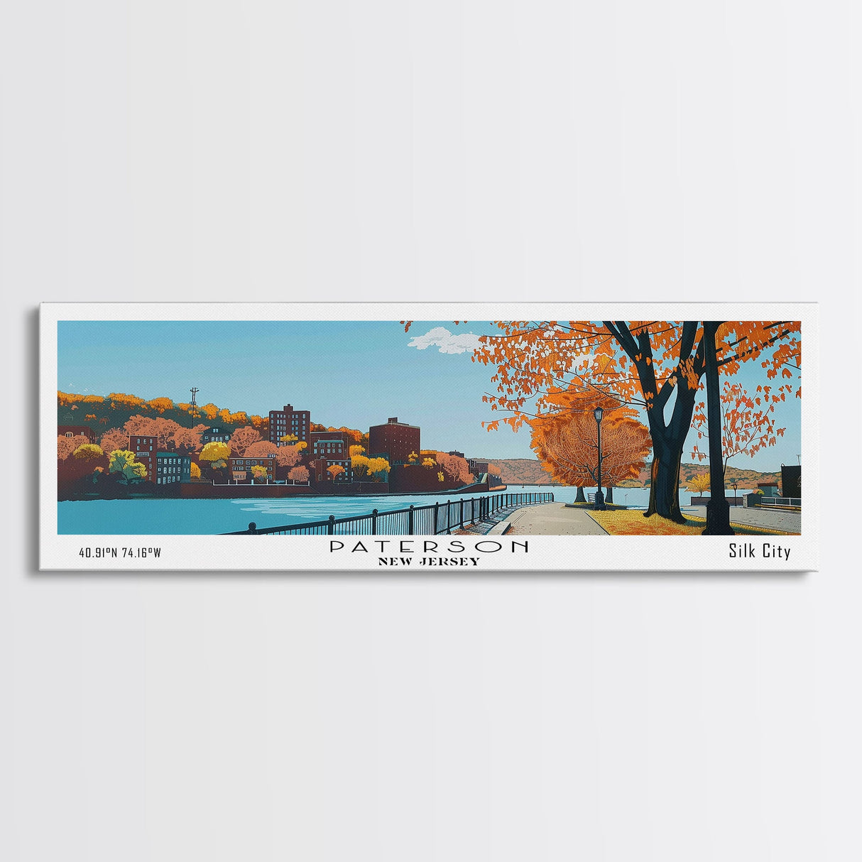 Paterson New Jersey Panoramic Wall Art, Mid Century Modern Framed Canvas Print, Retro Pop Art Travel Poster, City Art, Office Wall Decor, Living Room Art