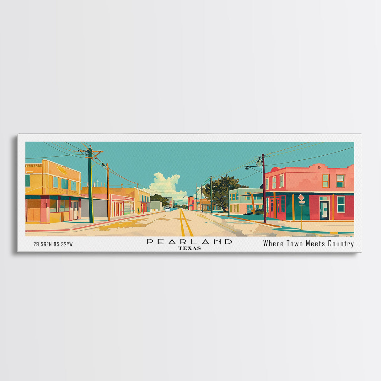 Pearland Texas Panoramic Painting, Mid Century Modern Framed Canvas Print, Retro Pop Art Travel Poster, City Art, Office Wall Decor, Living Room Art