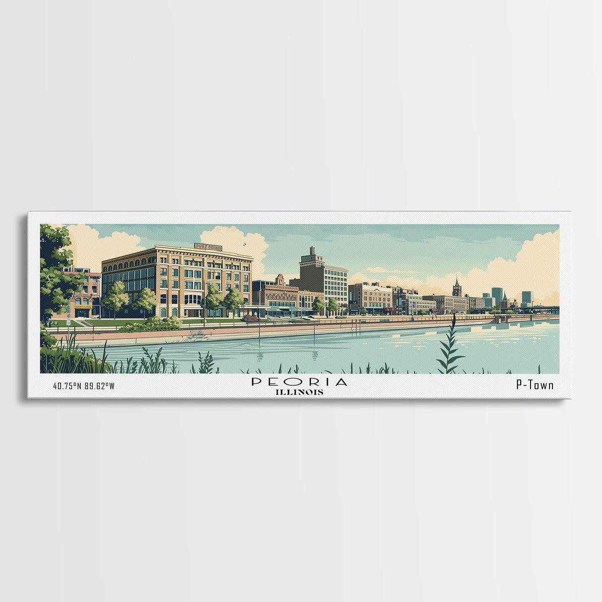 Peoria Illinois Panoramic Painting, Mid Century Modern Framed Canvas Print, Retro Pop Art Travel Poster, City Art, Office Wall Decor, Living Room Art