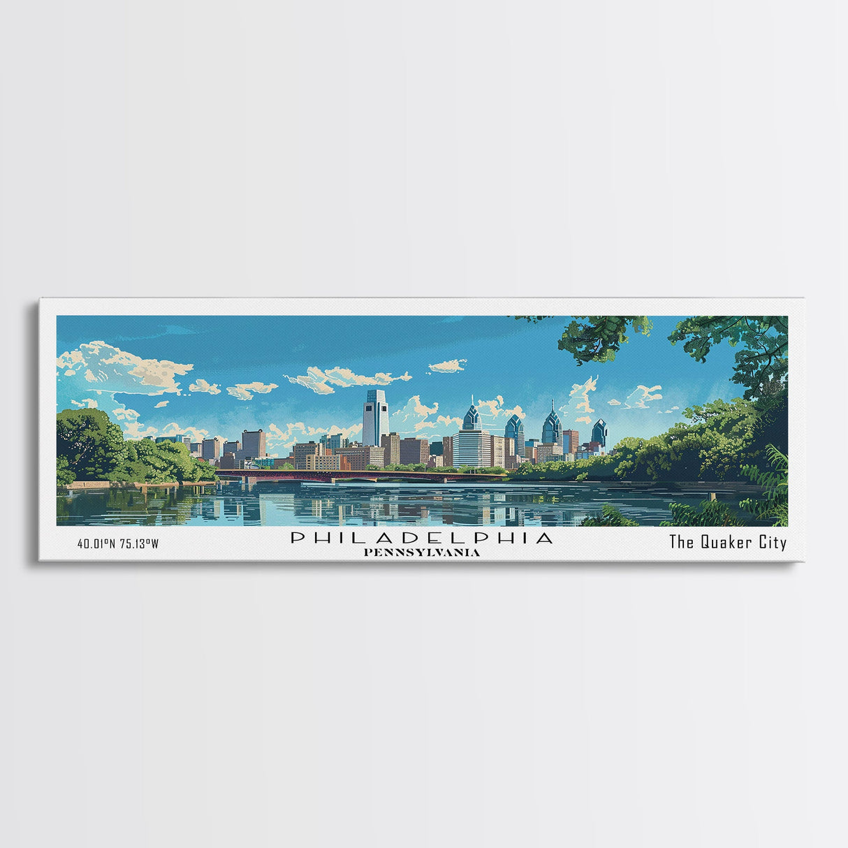 Philadelphia Pennsylvania Panoramic Painting, Mid Century Modern Framed Canvas Print, Retro Pop Art Travel Poster, City Art, Office Wall Decor, Living Room Art