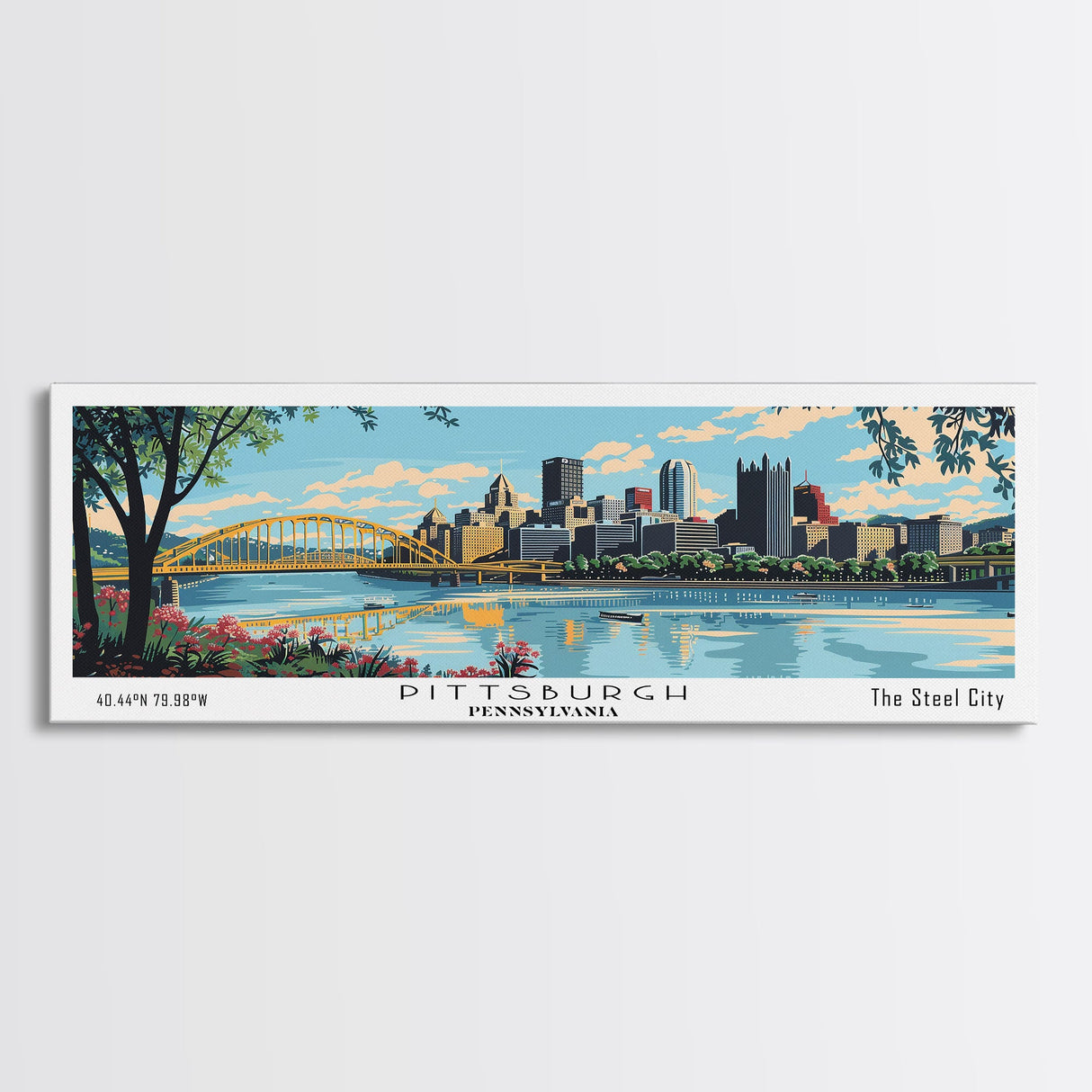 Pittsburgh Pennsylvania Panoramic Wall Art, Mid Century Modern Framed Canvas Print, Retro Pop Art Travel Poster, City Art, Office Wall Decor, Living Room Art