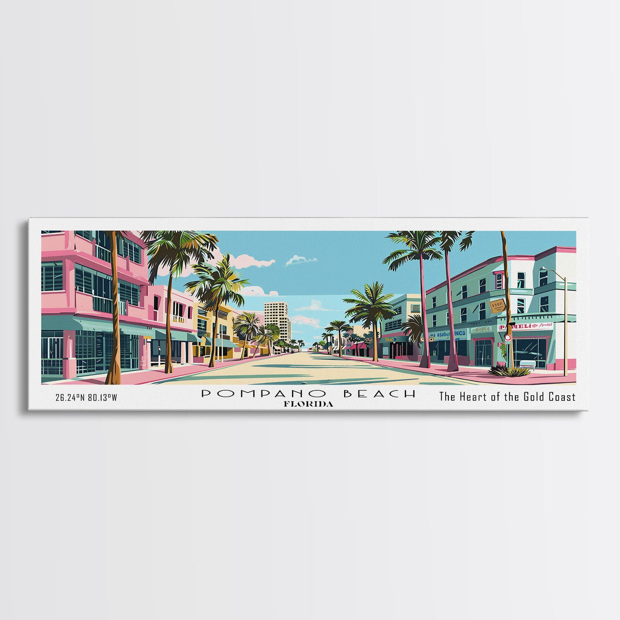 Pompano Beach Florida Panoramic Painting, Mid Century Modern Framed Canvas Print, Retro Pop Art Travel Poster, City Art, Office Wall Decor, Living Room Art