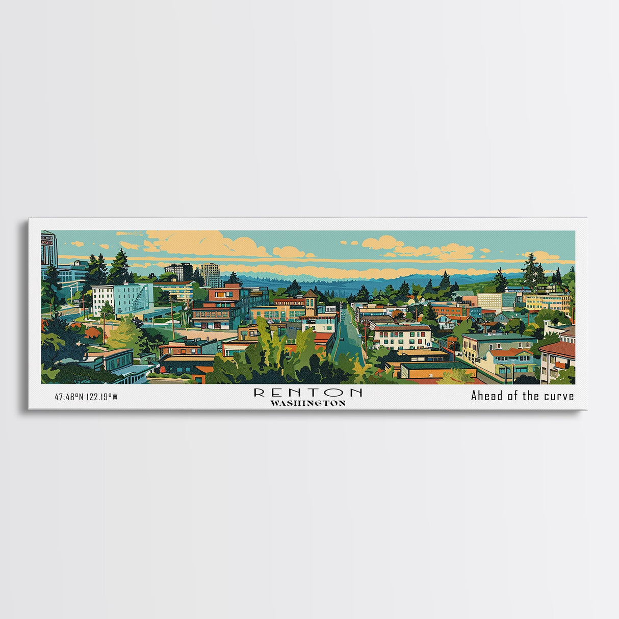 Renton Washington Panoramic Wall Art, Mid Century Modern Framed Canvas Print, Retro Pop Art Travel Poster, City Art, Office Wall Decor, Living Room Art