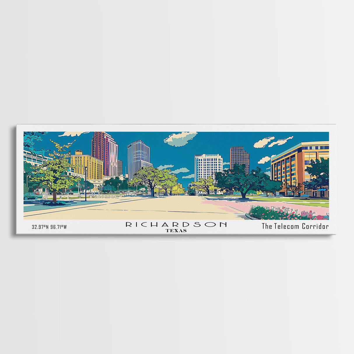 Richardson Texas Panoramic Wall Art, Mid Century Modern Framed Canvas Print, Retro Pop Art Travel Poster, City Art, Office Wall Decor, Living Room Art