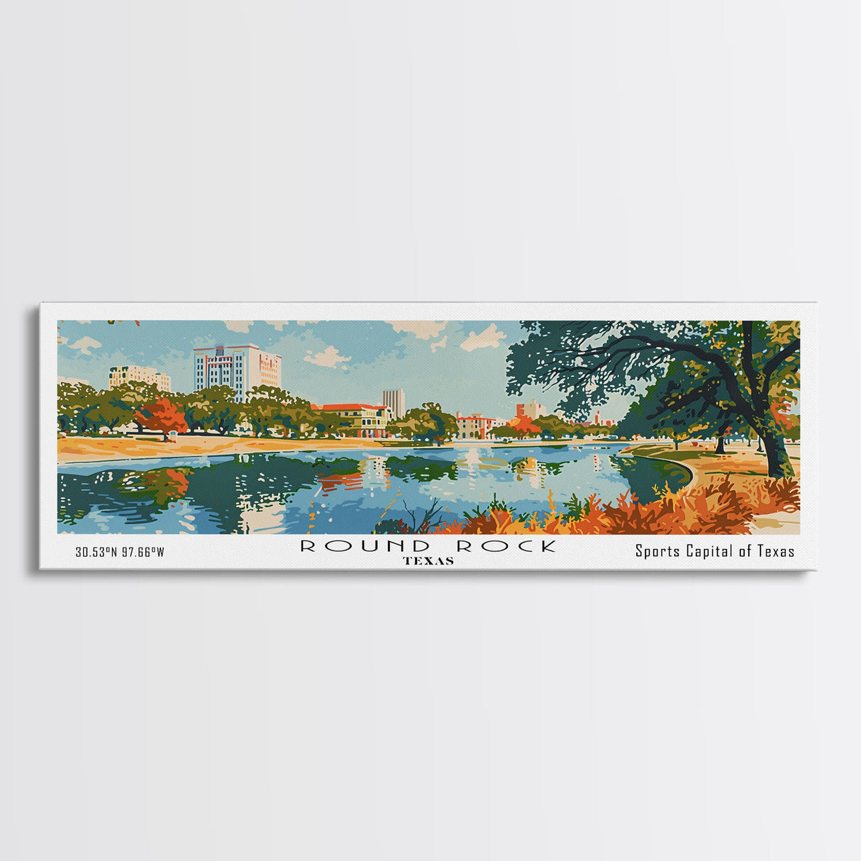 Round Rock Texas Panoramic Painting, Mid Century Modern Framed Canvas Print, Retro Pop Art Travel Poster, City Art, Office Wall Decor, Living Room Art