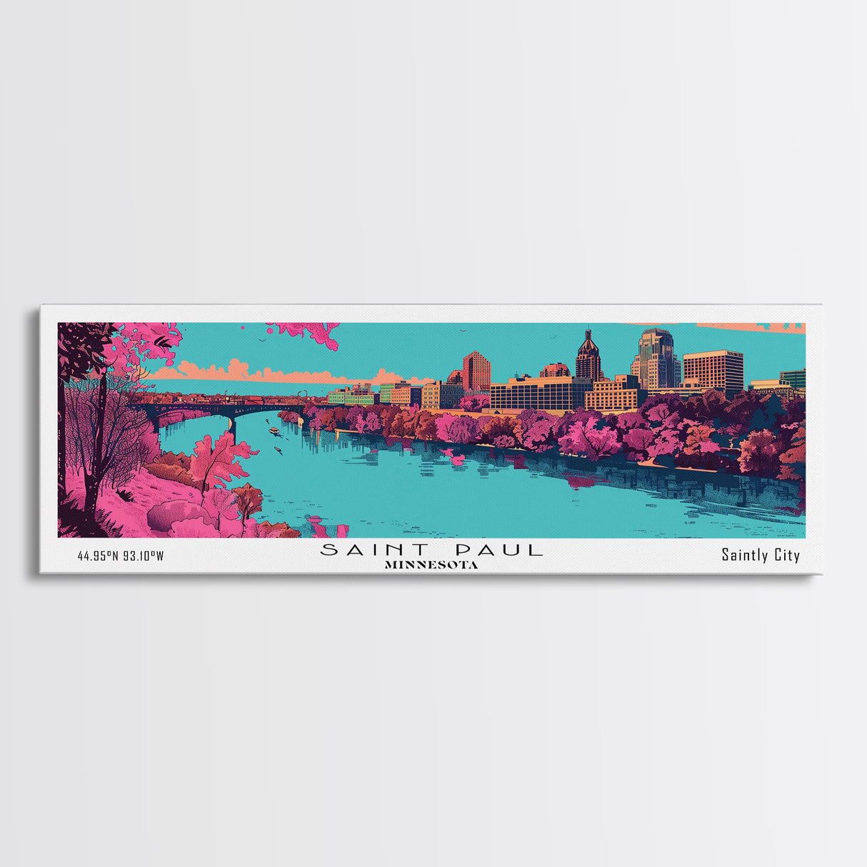 Saint Paul Minnesota Panoramic Painting, Mid Century Modern Framed Canvas Print, Retro Pop Art Travel Poster, City Art, Office Wall Decor, Living Room Art