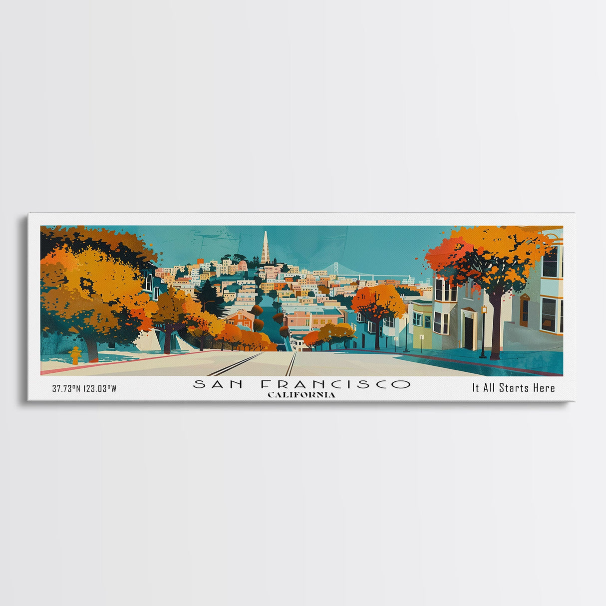 San Francisco California Panoramic Wall Art, Mid Century Modern Framed Canvas Print, Retro Pop Art Travel Poster, City Art, Office Wall Decor, Living Room Art